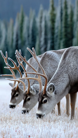 A Majestic Trio of Reindeer Grazing Side by Side on Snow in a Scenic Winter Meadow Landscapeの素材