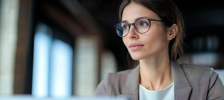 Accomplished expert wearing glasses, showcasing intelligence in a modern office environment setting.の素材