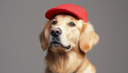 Adorable golden retriever wearing a vibrant red hat, gazing sweetly at the camera with bright eyesの素材