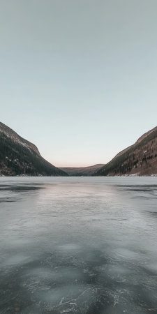 Expansive Icy Landscape with Crystal Clear Sky and Majestic Winter Mountain Peaks in Serenityの素材