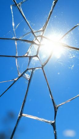 Fractured Glass Reveals Azure Radiance, Symbolizing Obstacles Giving Way to Vibrant Summer Dreams.の素材