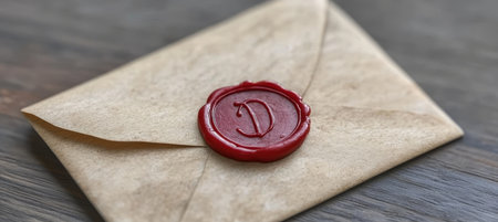 Antique Envelope with Ornamental Burgundy Wax Seal on Rustic Wooden Surface, Vintage Letter Insideの素材