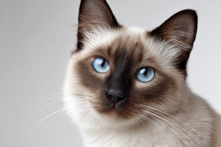 Elegant Balinese Cat Portrait with Striking Blue Eyes Set Against a Soft, Light Background Displayの素材