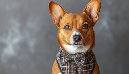 Charming Pembroke Corgi Portrait with Expressive Eyes and Bowtie Against a Classy Gray Backgroundの素材