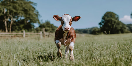 Playful Calf Frolicking in a Lush Green Meadow Under a Bright Blue Sky on a Sunny Dayの素材