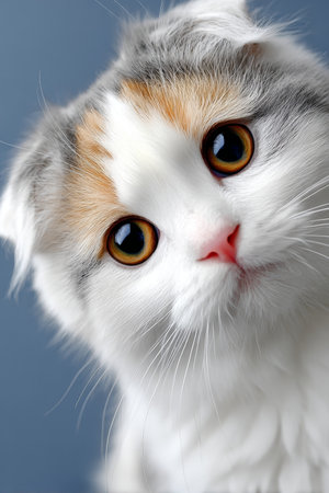 Adorable Scottish Fold Kitten with Captivating Eyes Posing Gracefully Against a Soft Gray Backgroundの素材
