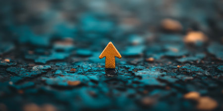 Ascending Arrow Symbol Amidst Blue Grunge Background, Guiding the Path to Future Success and Growthの素材