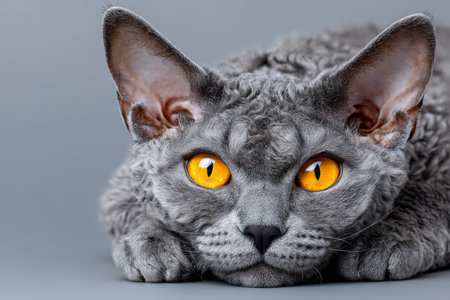 Charming Devon Rex Cat Portrait with Striking Eyes, Serene Pose Against a Soft Gray Backgroundの素材