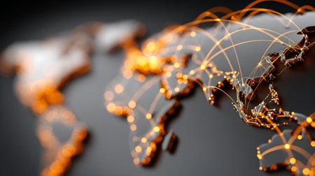 Global Connectivity Illustrated A Modern Black Glossy Map Highlighting Worldwide Digital Networksの素材