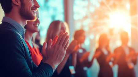 Coworkers applauding at a corporate event, celebrating teamwork and support among colleagues.の素材
