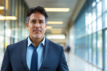 Confident Business Leader Poses in Modern Office Corridor, Inspiring Success and Professionalismの素材