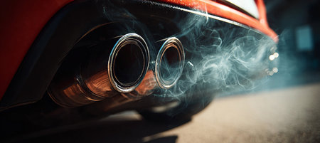 Red Automobile Emitting Exhaust Smoke on Busy Road, Showcasing Environmental Concerns and Technologyの素材