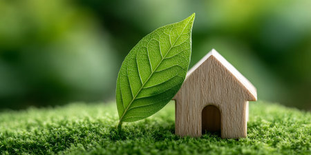 Ecological Home Concept Photo Featuring a Small House Surrounded by Green Leaves and Fresh Mossの素材