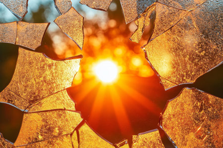 Vibrant Sunlight Shining Through Broken Glass, Symbolizing Resilience, Hope, and New Beginningsの素材