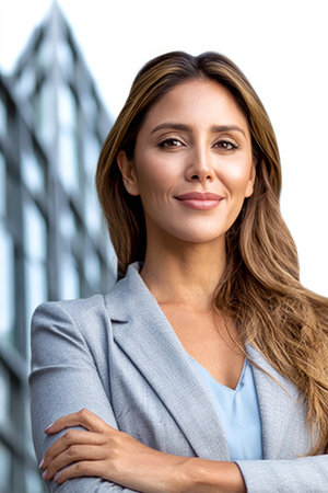Confident Business Woman in Stylish Gray Blazer Smiling Happily Against Urban City Backgroundの素材