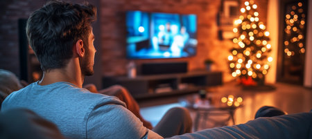 Man Relaxing at Home, Enjoying a Streaming Program on TV, Bright Christmas Lights in Backgroundの素材