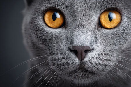 Charming Portrait of a Chartreux Cat with Stunning Orange Eyes, Exuding Depth and Character on Grayの素材