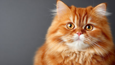 Charming Orange Persian Cat with Expressive Eyes Posing Gracefully on a Soft Neutral Backgroundの素材