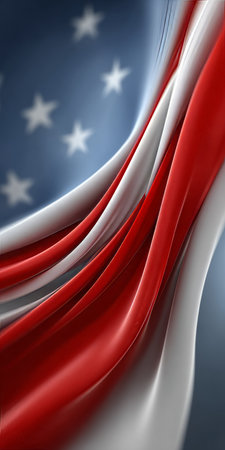 Celebrating Patriotism with a Majestic American Flag, Flowing Stripes and Stars on a Beautiful Dayの素材