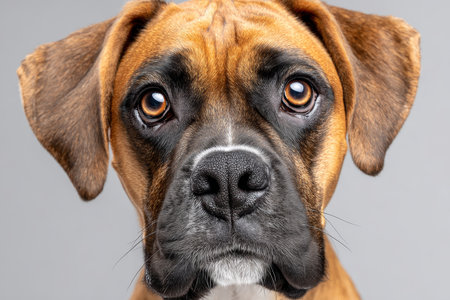 Studio Portrait of an Expressive Medium Boxer Dog with Gray Background and Charming Expressionの素材