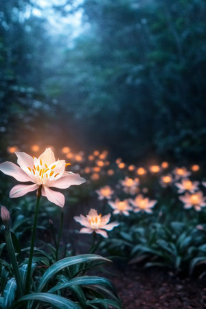 Serene Enchanted Forest Meadow in Full Bloom with White Flowers Under Twilight s Glistening Lightの素材