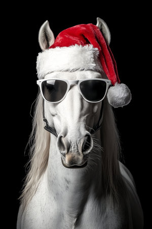 Stylish White Horse Wears Santa Hat and Sunglasses for a Festive Christmas Celebration Funの素材