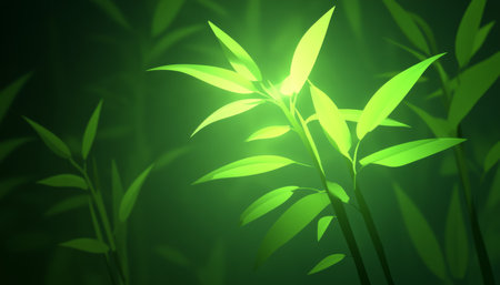 Vibrant Abstract Green Garden Composition Featuring Glowing Bamboo Leaves and Nature Elementsの素材