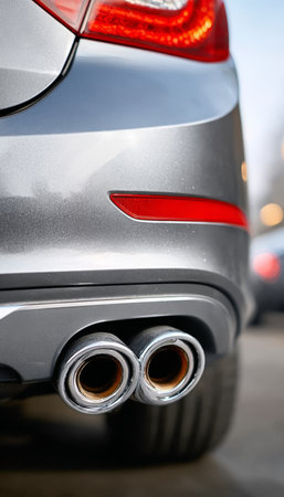 High Performance Vehicle Styling of Silver Car with Dual Tip Exhaust and Design Aestheticsの素材