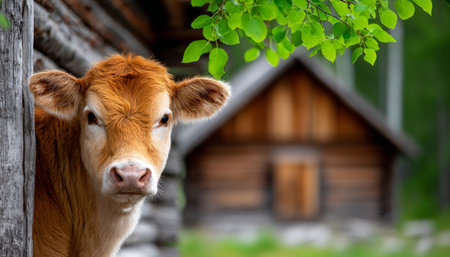 Curious Red Devon Calf Peeking Out from Wooden Barn in Serene Countryside with Lush Greeneryの素材