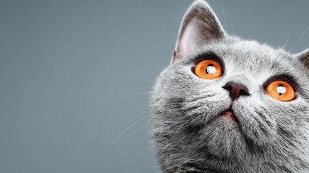 Charming Chartreux Cat with Stunning Amber Eyes, Posing Thoughtfully Against a Soft Grey Backgroundの素材