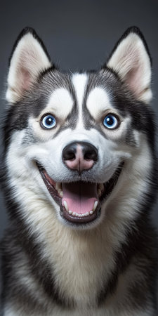 Stunning Close-Up of a Cheerful Siberian Beauty with Expressive Blue Eyes Against a Gray Backgroundの素材