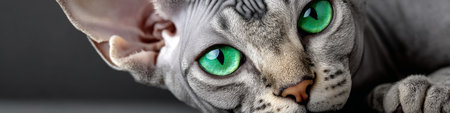 Close-Up Portrait of a Sphynx Cat with Expressive Gaze and Unique Texture on Elegant Gray Backgroundの素材