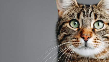 Delightful face of a mottled tabby cat with enchanting beauty and a charming gaze in studio setting.の素材