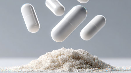 Floating White Capsules Over Powder Heap, Symbolizing Medicine Dosage and Treatment Conceptの素材