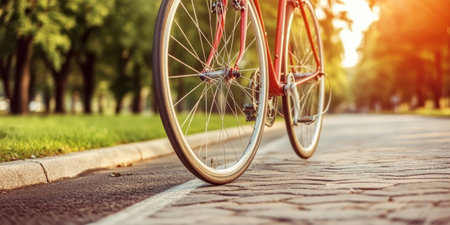 A Joyful Cyclist Riding Through a Sunny Park, Embracing Nature and Promoting Eco-Friendly Travelの素材