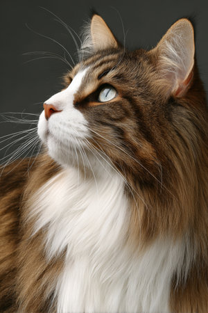 Elegant Norwegian Forest Cat with Striking Green Eyes Posed Against a Soft Grey Backgroundの素材