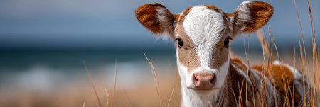 Gentle Calf Gazing from Grassy Field, A Young Hereford in Natural Light with Ocean View Backgroundの素材