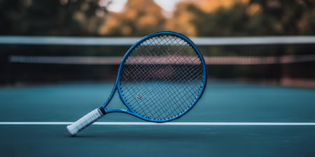 Professional Tennis Match on Blue Court Featuring Close-Up of Racket and Net in Actionの素材