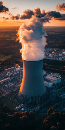 Stunning Aerial View of a Nuclear Power Plant at Sunset with Cooling Towers and Lush Green Landscapeの素材