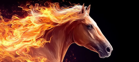 Dynamic and Glowing Horse Artwork A Powerful Representation of Energy in Motion Against Darknessの素材