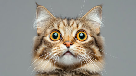 Charming Norwegian Forest Cat Portrait with Captivating Gaze on Soft Gray Background, Adorable Petの素材