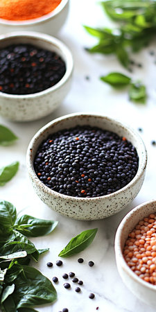 Assortment of Colorful Lentils in Bowls with Fresh Herbs for a Delicious Cooking Backgroundの素材