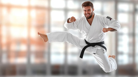 Athlete with Determined Gaze Performing a Flying Kick in Martial Arts, Showcasing Strength and Focusの素材