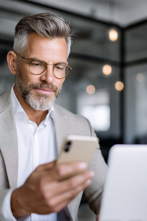Fashionable executive manager engaged with mobile phone, looking thoughtful in modern office space.の素材