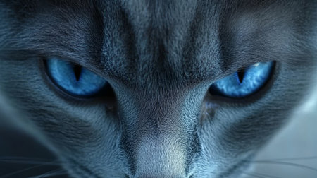 Stunning Close-Up of a Majestic Russian Blue Cat with Beautiful Blue Eyes on a Soft Gray Backgroundの素材