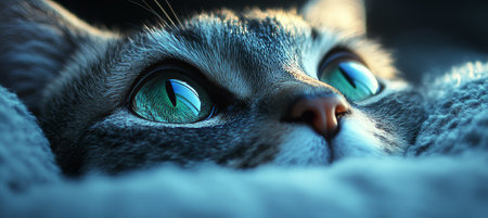 Mesmerizing Macro Portrait Showcases Stunning Emerald Green Eyes of a Majestic Striped Tabby Catの素材