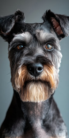 Charming Miniature Schnauzer Portrait with Captivating Gaze on Soft Gray Background for Pet Loversの素材