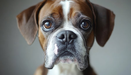 Charming Boxer Dog Portrait with Gentle Eyes and Playful Expression on Clean Gray Backgroundの素材