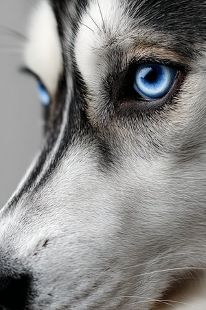 Stunning Siberian Husky with Mesmerizing Blue Eyes, Capturing the Essence of Canine Beauty and Charmの素材