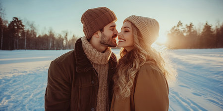Young couple sharing a sweet moment in winter park, their faces touching, expressing love and joy.の素材